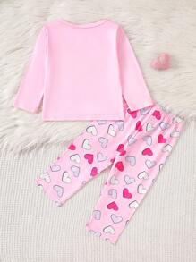 2pcs Baby Girls' Cute Dog & Heart Print Casual Home Outfit, Long Sleeves T-Shirt And Pants Set