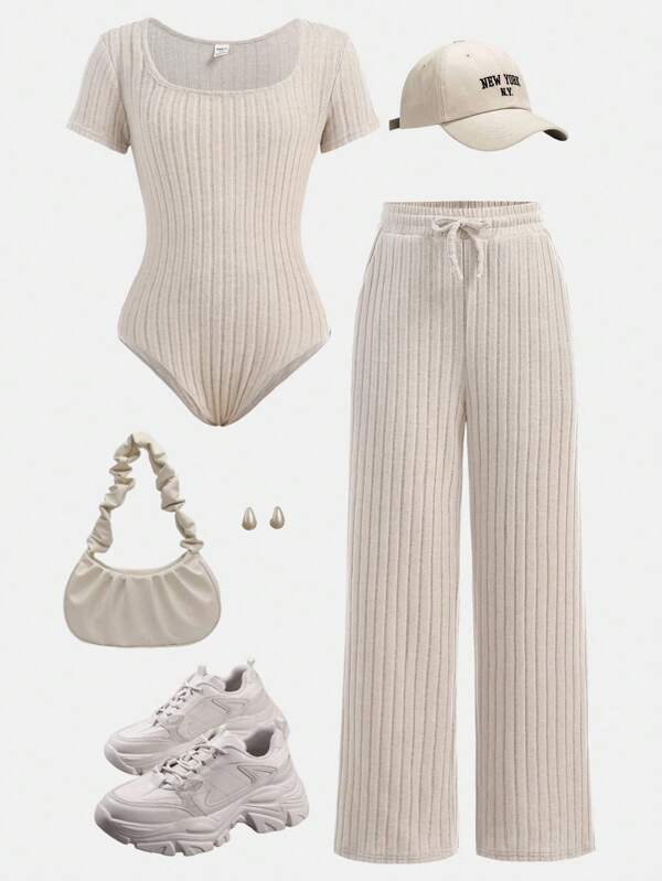Girlism Tween-Mädchen 2-teiliges Set aus geripptem Bodysuit und Hose mit weitem Bein, bequemer Loungewear-Trainingsanzug, lässiger Stil, langärmeliger Bodysuit und Baggy-Hose, Basic-Essential für Herbst und Winter