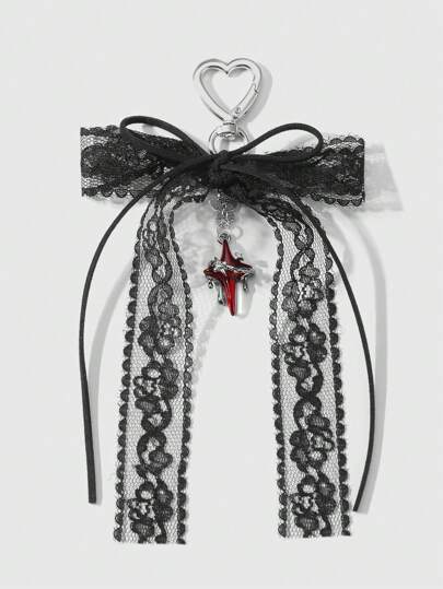 Kawaii 1pc Y2K Personalized Gothic Style Black Mesh Lace Ribbon Bow, Crystal Butterfly, Star, Cross, Heart, Key Chain Pendant Charm, Suitable For Women Daily Wear, Holiday Gift