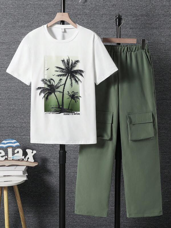 SHEIN 2 Pieces Set Teen Boys Vacation Casual Short Sleeve T-Shirt And Cargo Pants Outfit, Suitable For Stylish