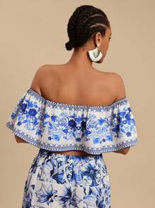 Travachic 女式梭织印花露肩荷叶边下摆短款上衣