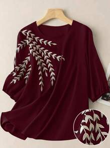 Linhara Plus Size Women Elegant Collar Contrast Color Pull-Cord Printed Blouse - Burgundy - View 1