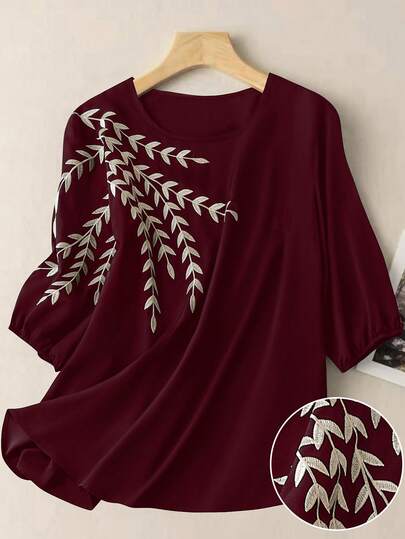 Linhara Plus Size Women Elegant Collar Contrast Color Pull-Cord Printed Blouse Fall