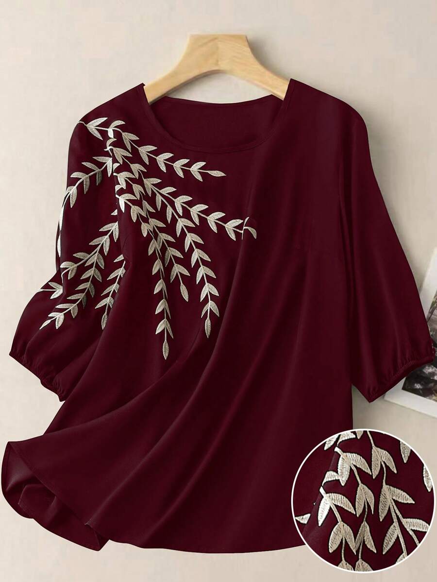 Linhara Plus Size Women Elegant Collar Contrast Color Pull-Cord Printed Blouse - Burgundy - View 1