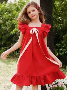 SHEIN Wildeya Tween-Mädchen Lässiges, elegantes, süßes A-Linien-Kleid mit Flügelärmeln und Schleife, Kleid mit rundem Kragen, rot, geeignet für Frühling, Sommer, Herbst, Ausflüge, Schule