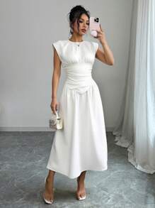 SHEIN Unity Women's Solid Color Round Neck Ruched Casual Long Dress - White - View 1