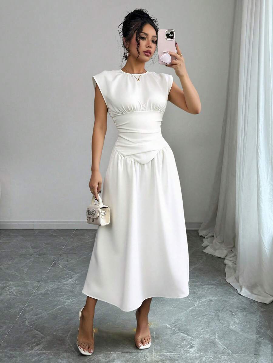 SHEIN Unity Women's Solid Color Round Neck Ruched Casual Long Dress - White - View 1
