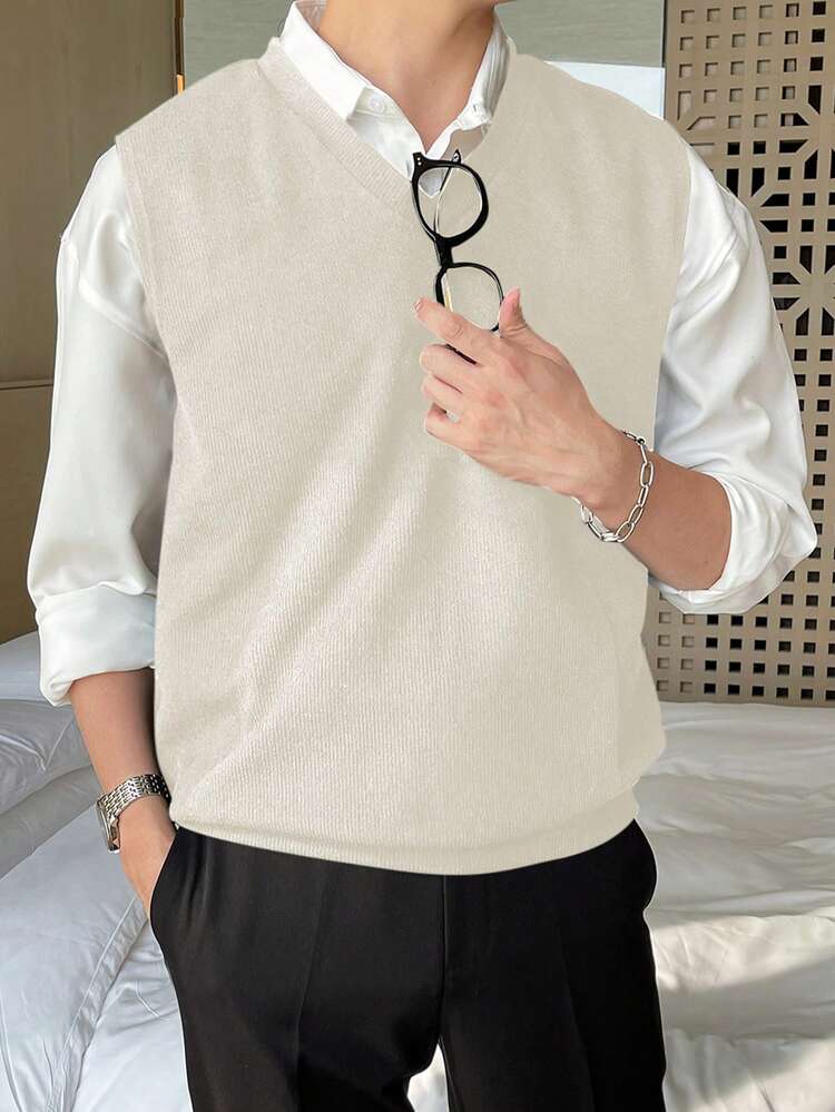 Summer Solid Color V-Neck Knit Sweater For Men Vest