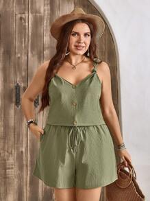 SHEIN LUNE Plus Size Women Jednorzędowy Top Bez Rękawów I Szorty Casualowy Garnitur Damski