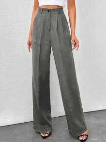 SHEIN Tall Tall Women's Solid Color High Waisted Wide Leg Pants - Grey - View 6
