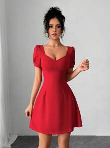 Rafferiza Đầm mini màu trơn cổ tim tay ngắn gợi cảm và thanh lịch màu đỏ cho nữ - Đỏ - Xem 1