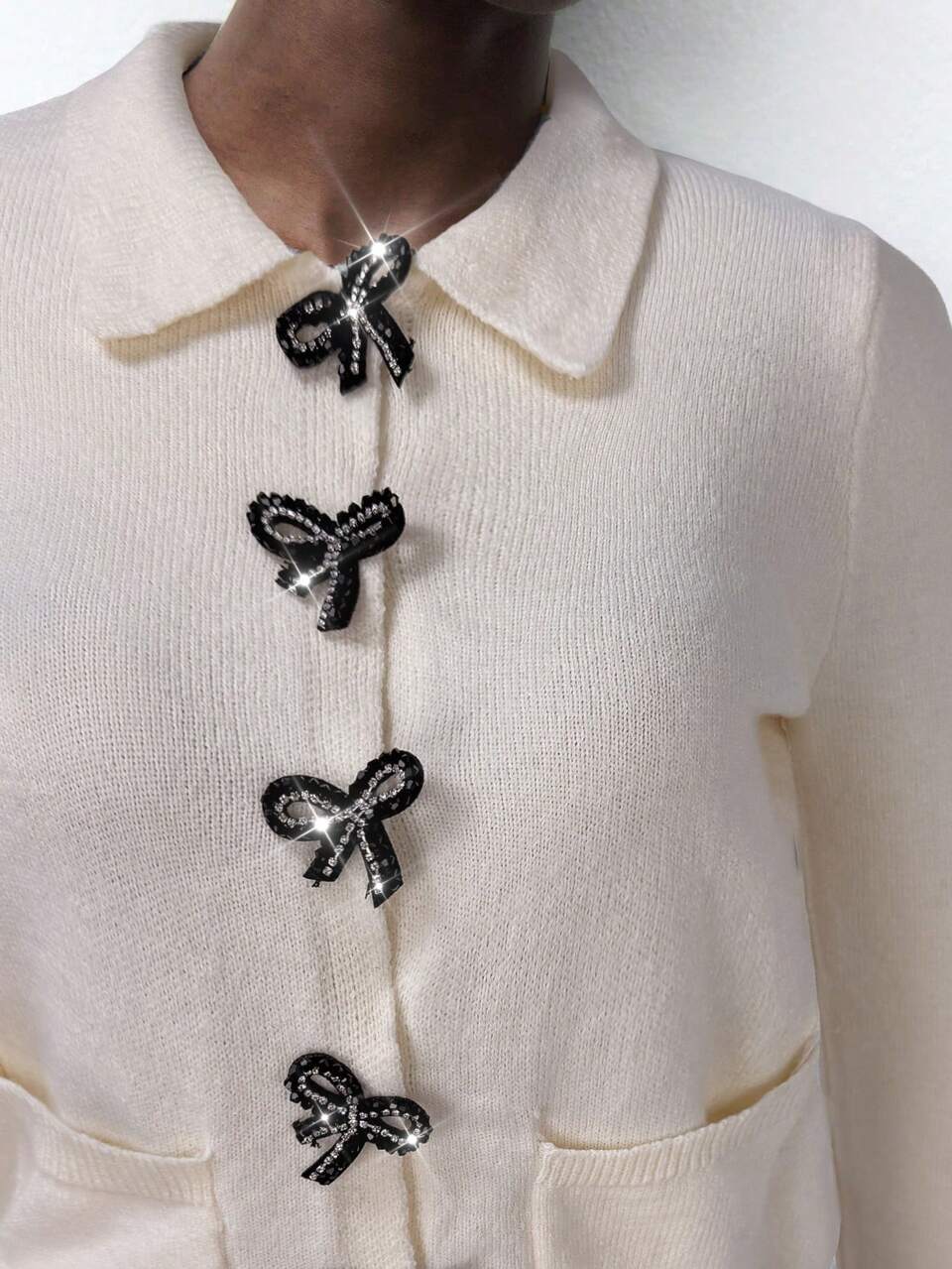 SHEIN Maija Urban Chic Rhinestone Bow Front Women Sweater,Black And White,Autumn,Elegant,Dining,Casual Loose Knitted Gray Top For Christmas Party,Valentine's Day