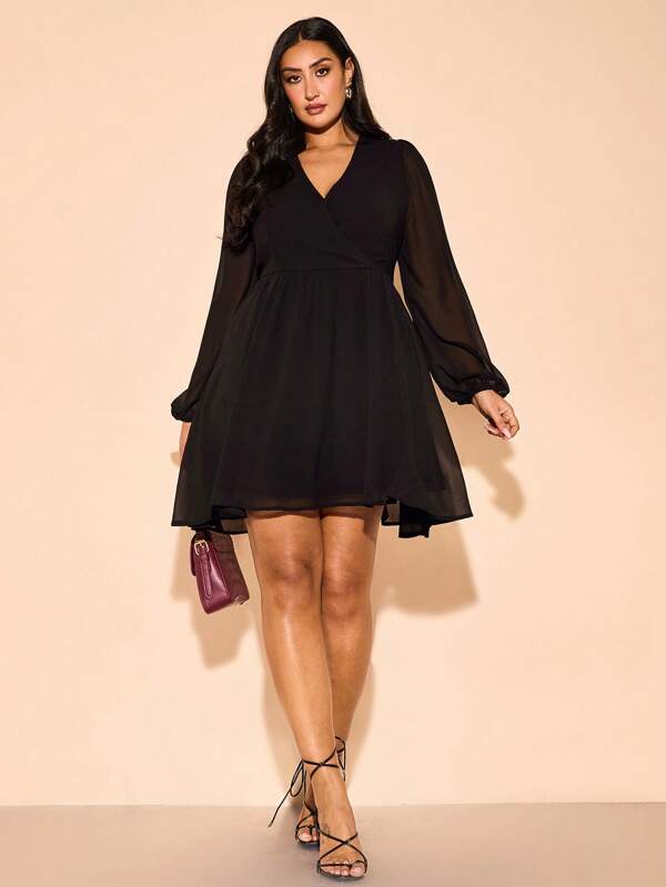 SHEIN BAE Plus Size Women's Black V-Neck Lantern Sleeve Short Dress, Easter Dress Women, Graduation Outfit, Club Outfits Women Sexy, Spring Outfits For Women, Summer Clothes, Holiday Night Outfits, Birthday Women Outfits, Concert Outfits, Graduation Season Dresses, Concerts, Mother Day,Mother's Day Gift,Mom