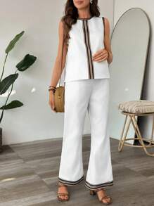 SHEIN 2 件套孕妇休闲条纹拼布背心和裤子套装 - 彩色 - 查看 4