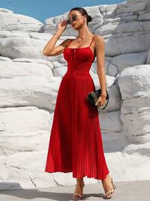 SHEIN Unity Ladies Satin Fabric Ruched Splicing Cinched Waist Elegant A-Line Long Dress With Spaghetti Straps And Tie Closure - Red - View 3