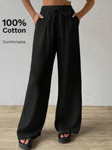 SHEIN EZwear Plus Size Loose Drawstring Waist Crinkle Cotton Wide Leg Casual Pants, Suitable For Summer Vacation - Black - View 1
