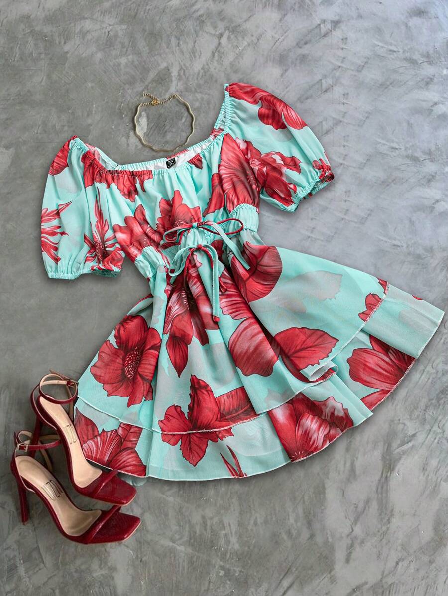 Flirla Plus Size Women Floral Print Puff Sleeve Ruffled Hem Vacation Shirt - Multicolor - View 1