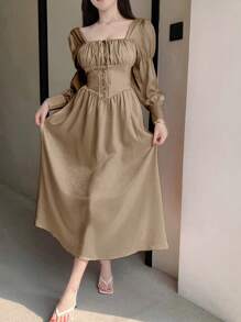 DAZY 女士纯色前系带方领长袖收腰连衣裙、挤奶女工连衣裙、秋季连衣裙 - 棕色 - 查看 2