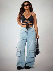 SHEIN ICON 大码女式浅蓝色多口袋装饰牛仔裤，适合所有季节 - 淺色水洗藍 - 查看 4