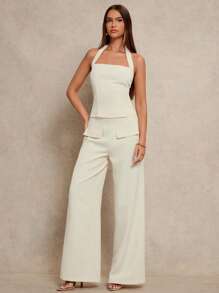 Glamine Apricot Halter Tie Wrap Top & Straight-Leg Pants 2 Pieces Set, Simple Fitted Sexy Casual Women's Outfit, Early Spring New Arrival Solid Color Versatile Fashion Women 2 Pieces Outfits Women Sets Outfit Pants Sets For Women Women 2 Pieces Outfits
