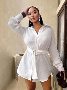 BamGleam Damen Plissee Metall Knopf Loose Lässig Bluse - Weiss - Übersicht 1