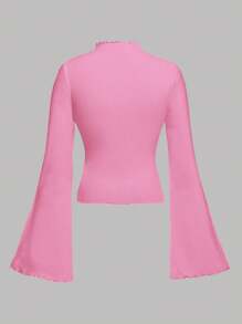 SHEIN Leap Crew Teen Girls Vintage Knit Ribbed Tight Flare Sleeve Gathered Bust Bow Long Sleeve T-Shirt Tops For Teen Girls - Pink - View 2