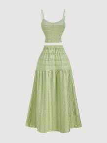 SHEIN MOD Ensemble 2 pièces pour femme, comprenant un débardeur vert élégant à volants et une jupe, tenue de vacances, tenue d'été pour femme, tenue de style occidental, tenue de campagne, ensemble deux pièces pour les vacances - Vert - Voir 2