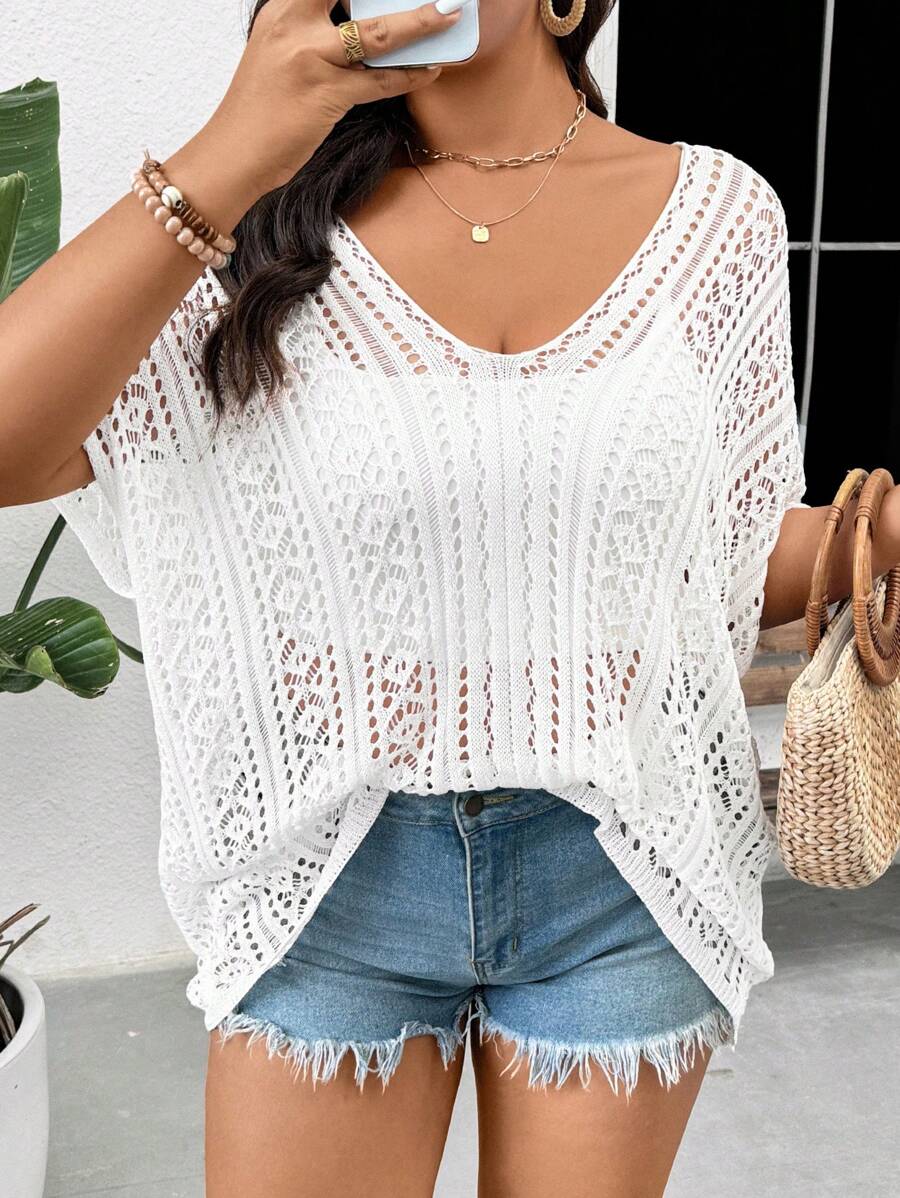 SHEIN Frenchy 大码女式休闲简约度假百搭针织套头衫，白色，适合休闲度假 - 白色 - 查看 1