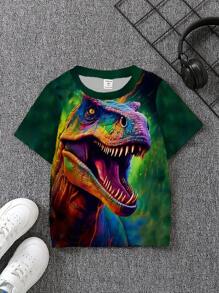 Young Boy 3D Dinosaur Graphic Short Sleeve Round Neck T-Shirt - Green - View 1