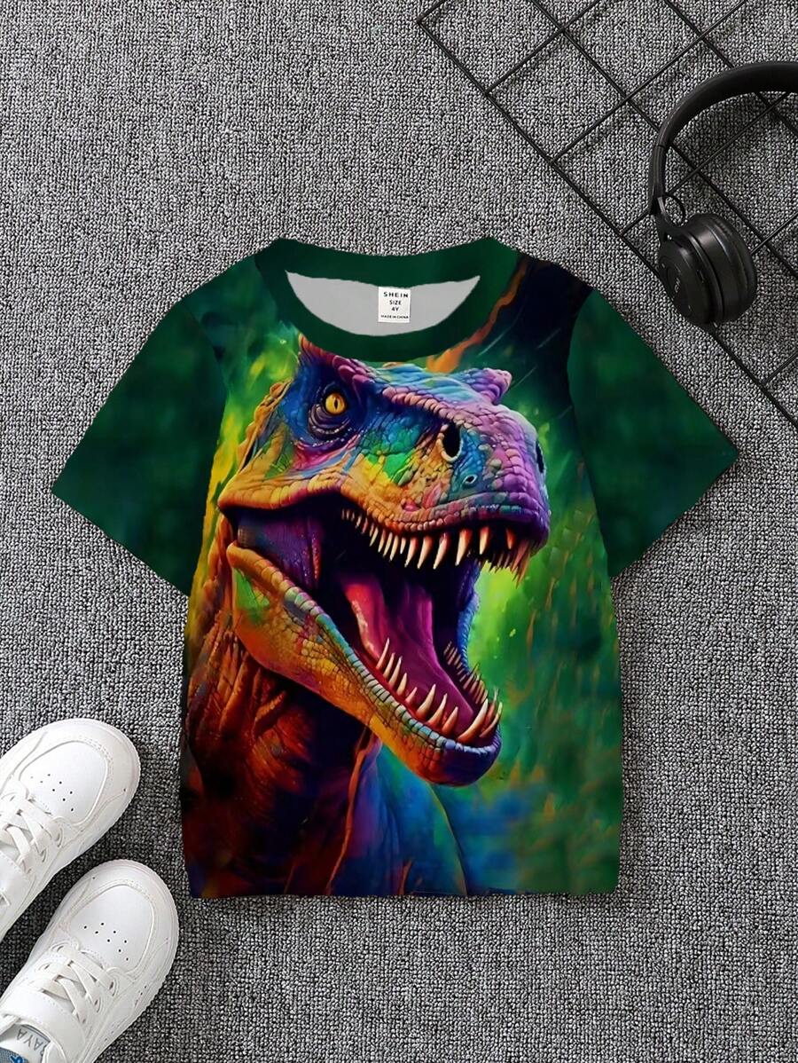 Young Boy 3D Dinosaur Graphic Short Sleeve Round Neck T-Shirt - Green - View 1