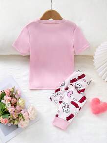 2pcs/Set Young Girl Rabbit & "Sleep Tight" Letter Print Short Sleeve Pants Pajamas - Pink - View 2