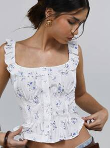 Athîral 女式碎花碎花印花紧身胸衣荷叶边吊带上衣，春夏复活节