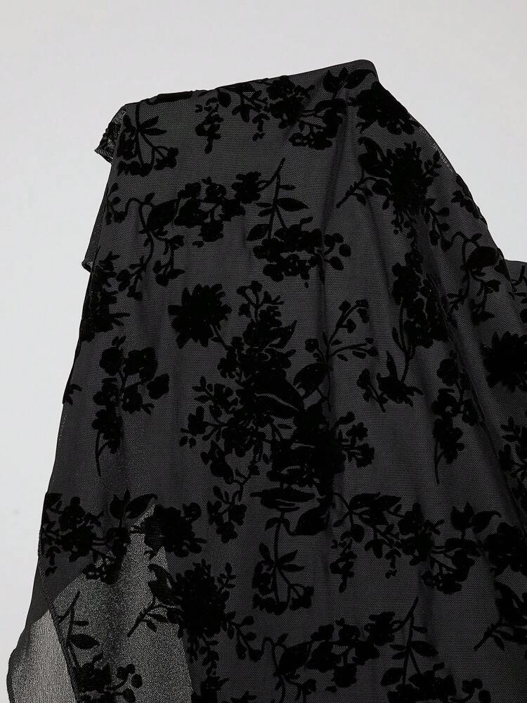 Plus Size Elegant Floral Flocked & Mesh Blouse Spring For Women Bridal Shower Elegant Chiffon