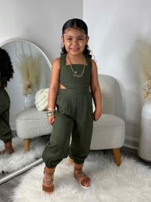 SHEIN Mono sin espalda con tirantes tipo espagueti cruzados y unicolor para niña pequeña, para Pascua
