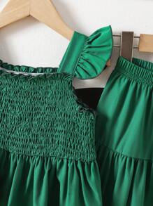 2pcs/Set Young Girl Cabling Craft Ruffle Hem Top With Cap Sleeve & Ruffle Trim Pants Set