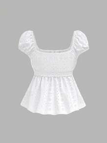 SHEIN MOD White Tee With Gathered Bust, Waistline Jacquard,Casual Tops,Babydoll Women Tee,Summer Tops Women,Cute Tops Women