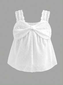 幼儿和小女孩白色吊带衬衫，带蝴蝶结刺绣、镂空花卉、露肩、A 字型、可爱公主风格、姐妹/母女时尚、春季新品 - 白色 - 查看 3