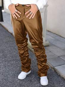 PAVTROS Men's Fashionable Solid Color Ruched Pants - Brown - View 4