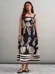 SHEIN LUNE SHEINLUNE 大码黑白植物花卉印花吊带连衣裙 春假波西米亚风狂欢服装 节日春假服装 老钱风格女士狂欢服装 音乐会服装女士狂欢服装 节日狂欢服装 乡村音乐会服装 纳什维尔服装 伊比沙岛服装 西部服装女士 波西米亚风度假服装女士 图案热带度假女装
