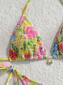 SHEIN Swim Flower Print Halter Top And Tie Side Swim Bottom 2 Pieces Bikini Set, Beach Holiday Boho Swimwear For Summer Beach Vacation - Multicolor - View 4