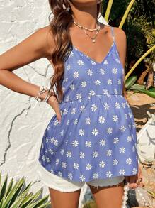 SHEIN Maternity Vacation Daisy Plaid Ruffle Hem Cami Top - Blue - View 6