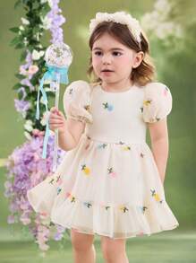 SHEIN Baby Girl Woven Mesh Embroidered Round Neck Puff Sleeve Casual Dress - Beige - View 6