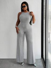 Maweii Plus Size Women Sexy Hollow-Out Spaghetti Strap Wide Leg Jumpsuit - Grey - View 5