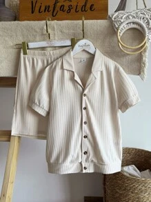 SHEIN Tween Boys' Solid Color Polo Shirt And Shorts Set, Spring/Summer - Apricot - View 4