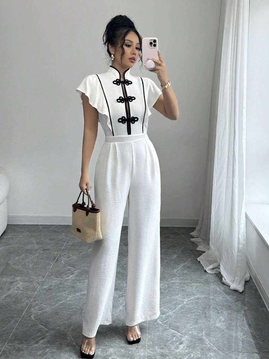SHEIN Unity Women's Elegant Ruffle Trim Chinese Button Front Jumpsuit, Summer - Beige - View 1