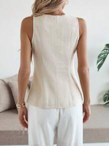 SHEIN Clasi 女士亚麻 V 领无袖衬衫，带金属纽扣，优雅别致的休闲/通勤/度假/家居服，春/夏