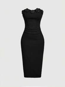 SHEIN MOD 女式加大码黑色 3D 花卉褶饰修身中长连衣裙 - 黑色 - 查看 1