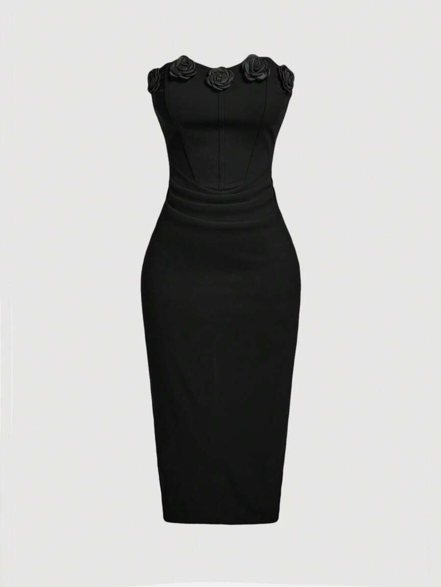 SHEIN MOD 女式加大码黑色 3D 花卉褶饰修身中长连衣裙 - 黑色 - 查看 1