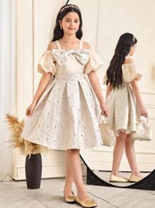 SHEIN Tween-Mädchen 2-teiliges Set, eleganter Anzug mit offener Schulter, Puffärmeln, Schleife, Bluse und Rock