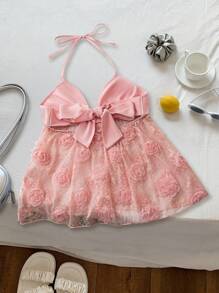 SHEIN Holidaya Top con cuello halter con inserciones de malla y diseño 3D de rosa para mujer - Rosa - Ver 1